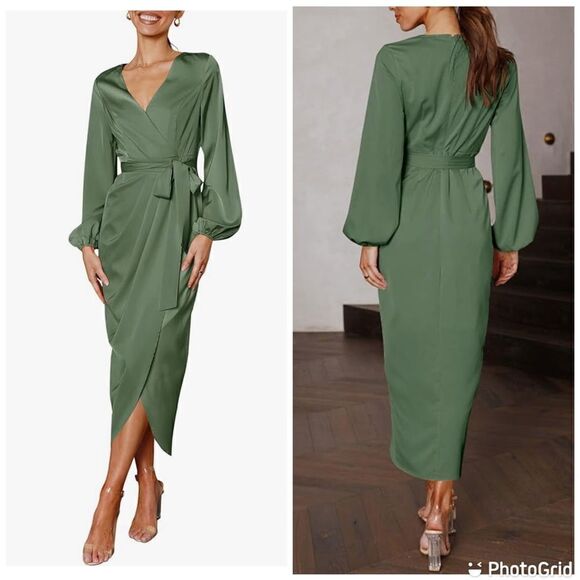 PRETTYGARDEN Satin Puff Sleeve V Neck Ruched Belted Long Formal Cocktail Dress - Picture 1 of 12